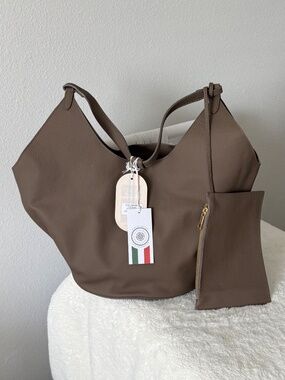 Viola Castellani Women's Italy Genuine Leather Handbag Tote Purse Taupe Large